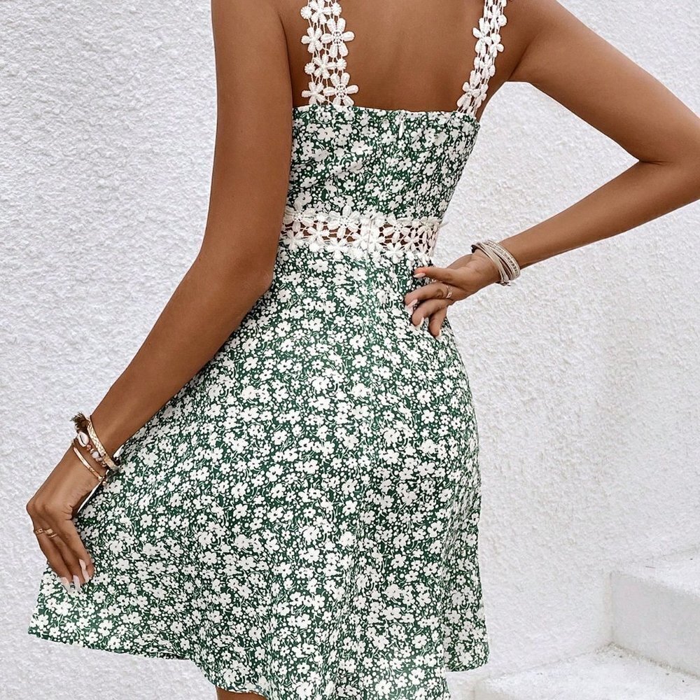 Multicolor Boho Womens Women's Sleeveless Floral Print Lace Splice Dress - Picture 5 of 6